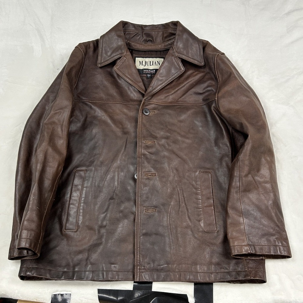 M. Julian Leather Jacket Mens L Brown Button Front Wilsons Leather Coat F1